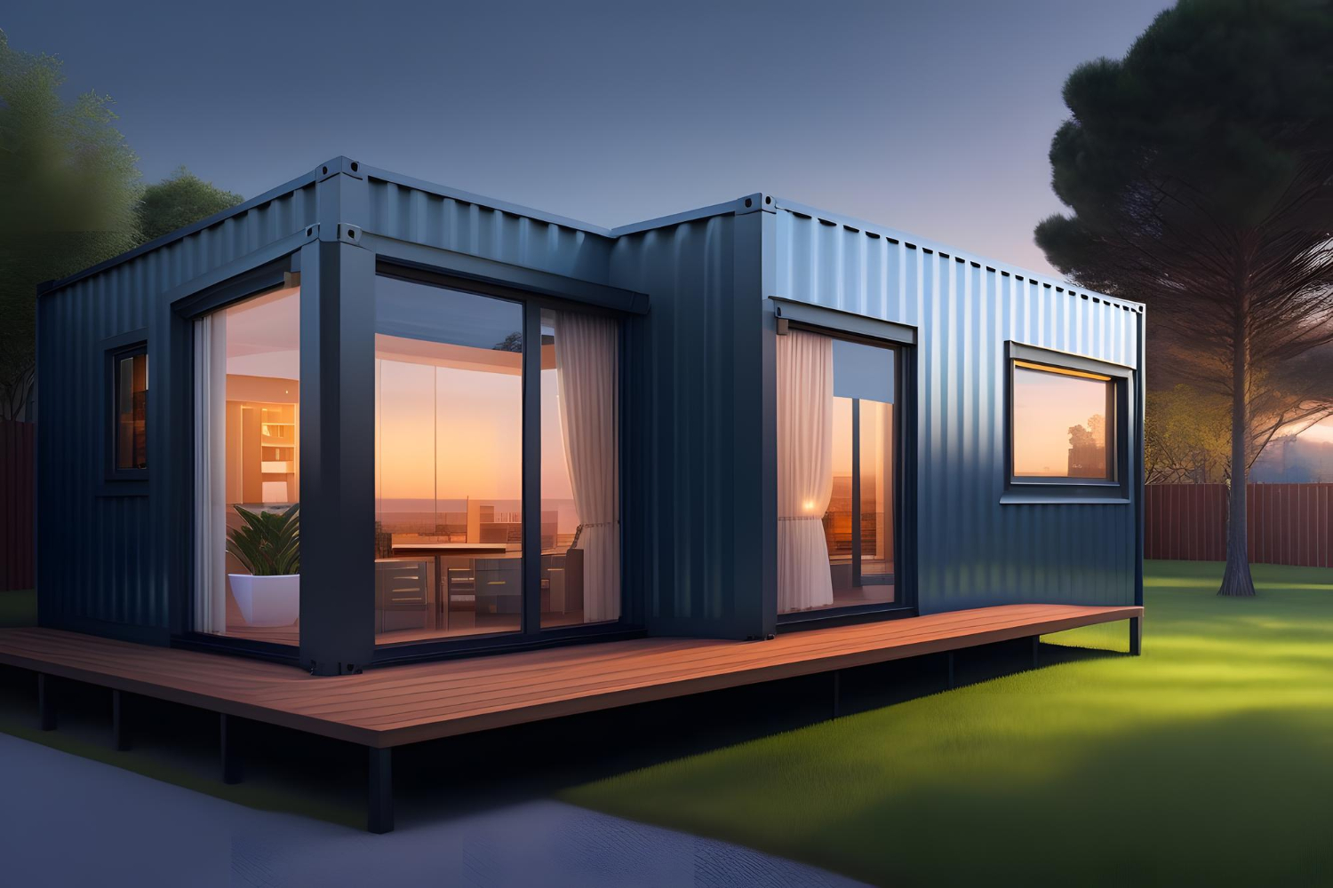 dark-color-container-house-exterior-with-lawn-grass-glass-door-with-sky-created-with-generative-ai